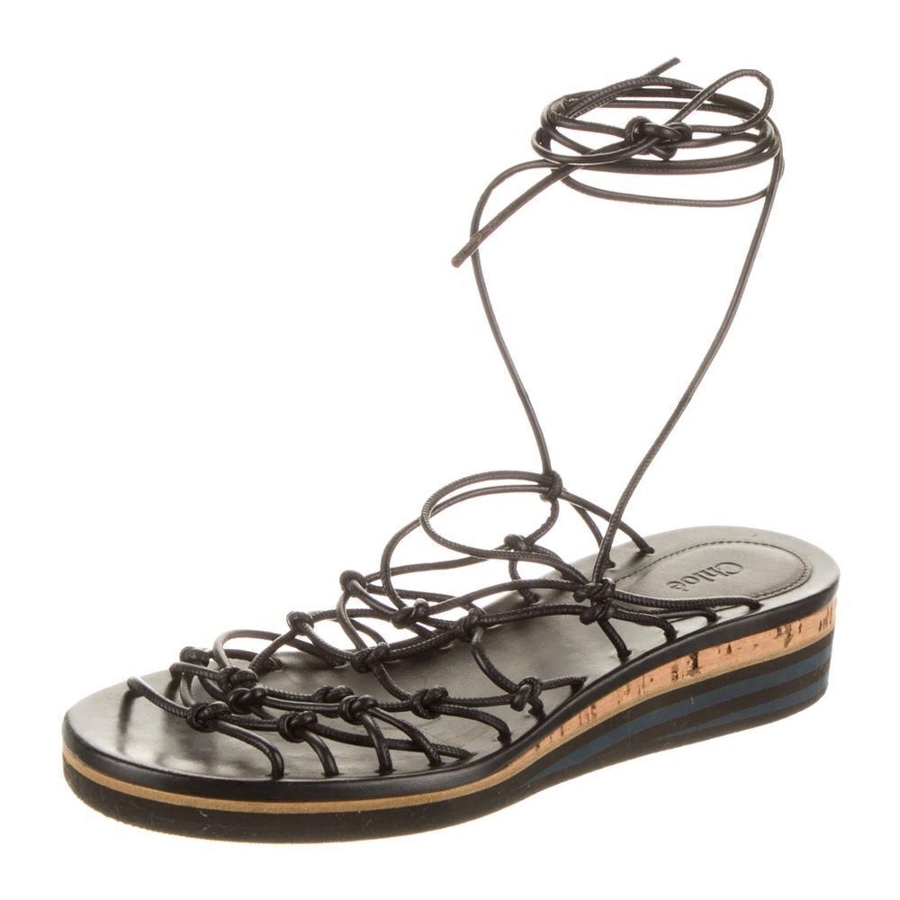 Chloe Black Lace-Up Gladiator Sandal with Brown and Blue Striped Wedge